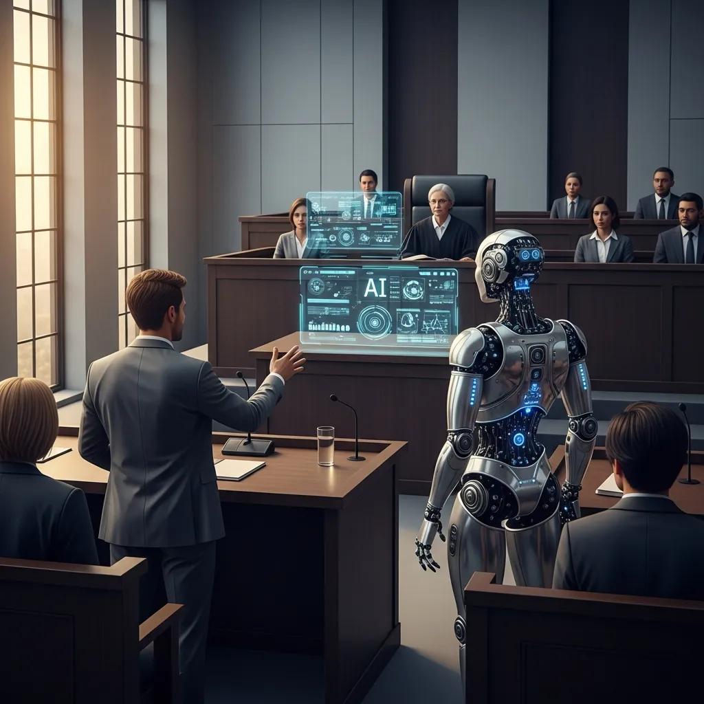 Courtroom scene illustrating the intersection of artificial intelligence and legal responsibility