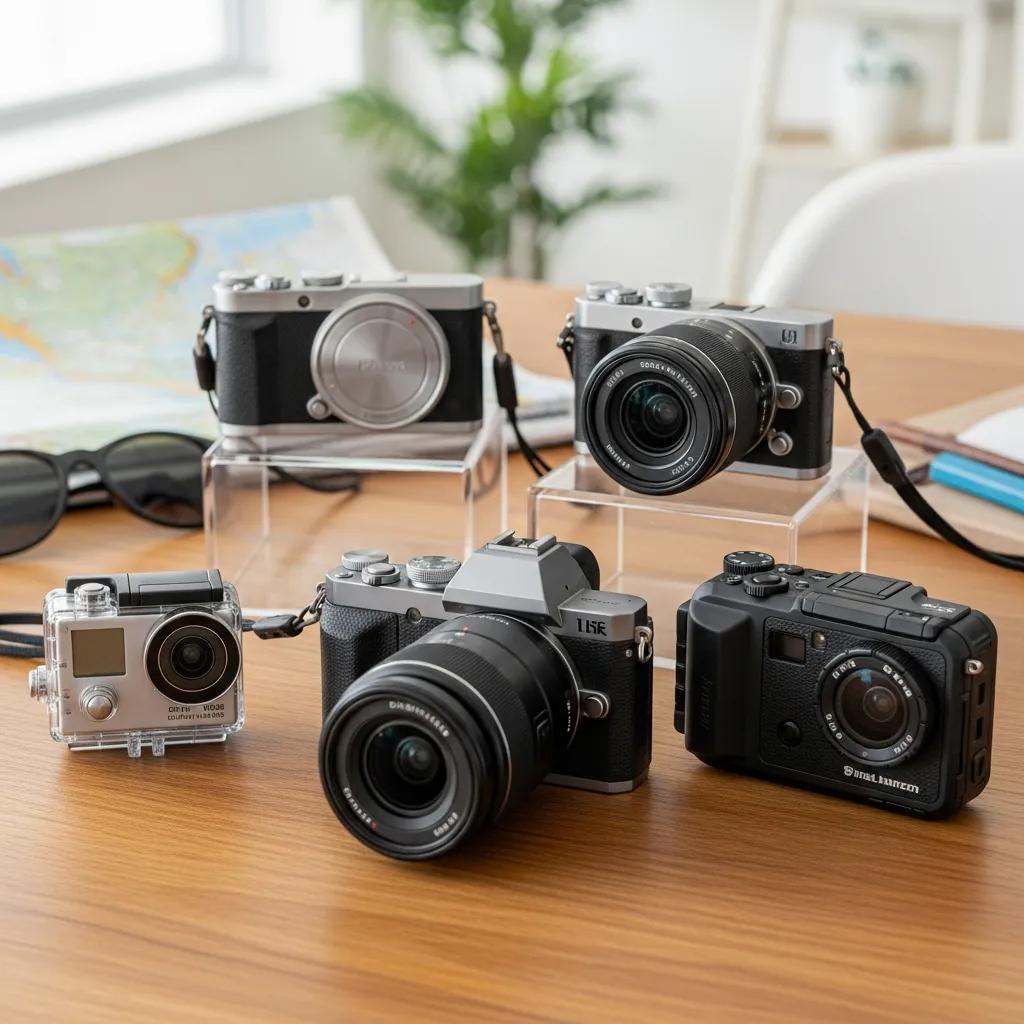Different types of travel cameras displayed on a table, showcasing compact, mirrorless, action, and rugged options