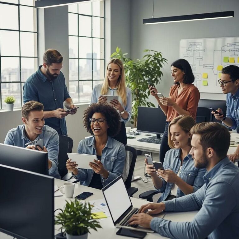 Diverse team collaborating on mobile app testing with various devices in a modern office