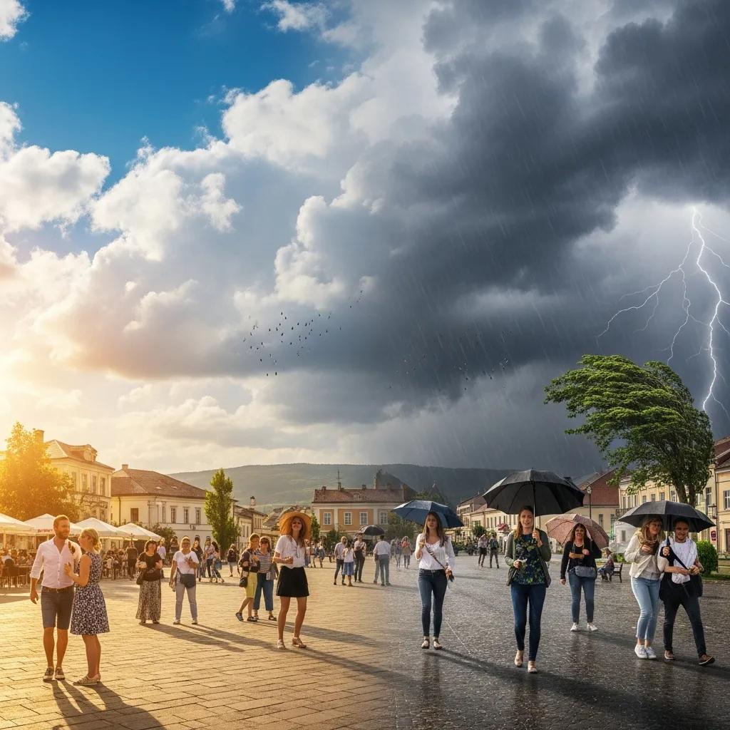 A dynamic visualization of societal mood swings depicted through changing weather patterns and human reactions.