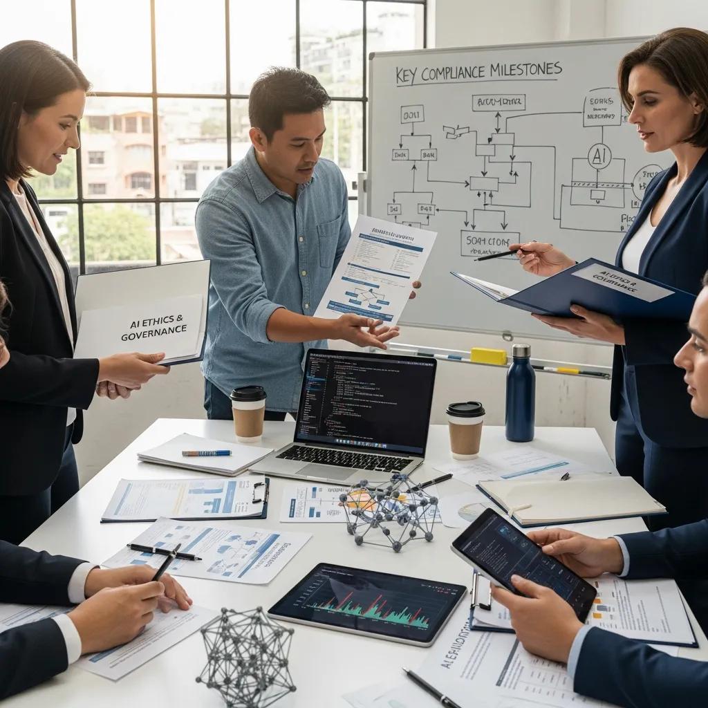 Engineers and legal professionals collaborating on AI compliance documentation