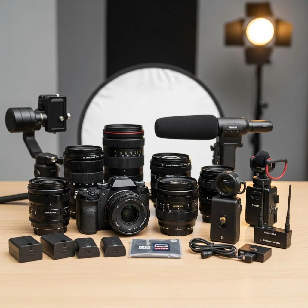 Essential videography accessories including lenses, microphones, and stabilization equipment arranged on a table