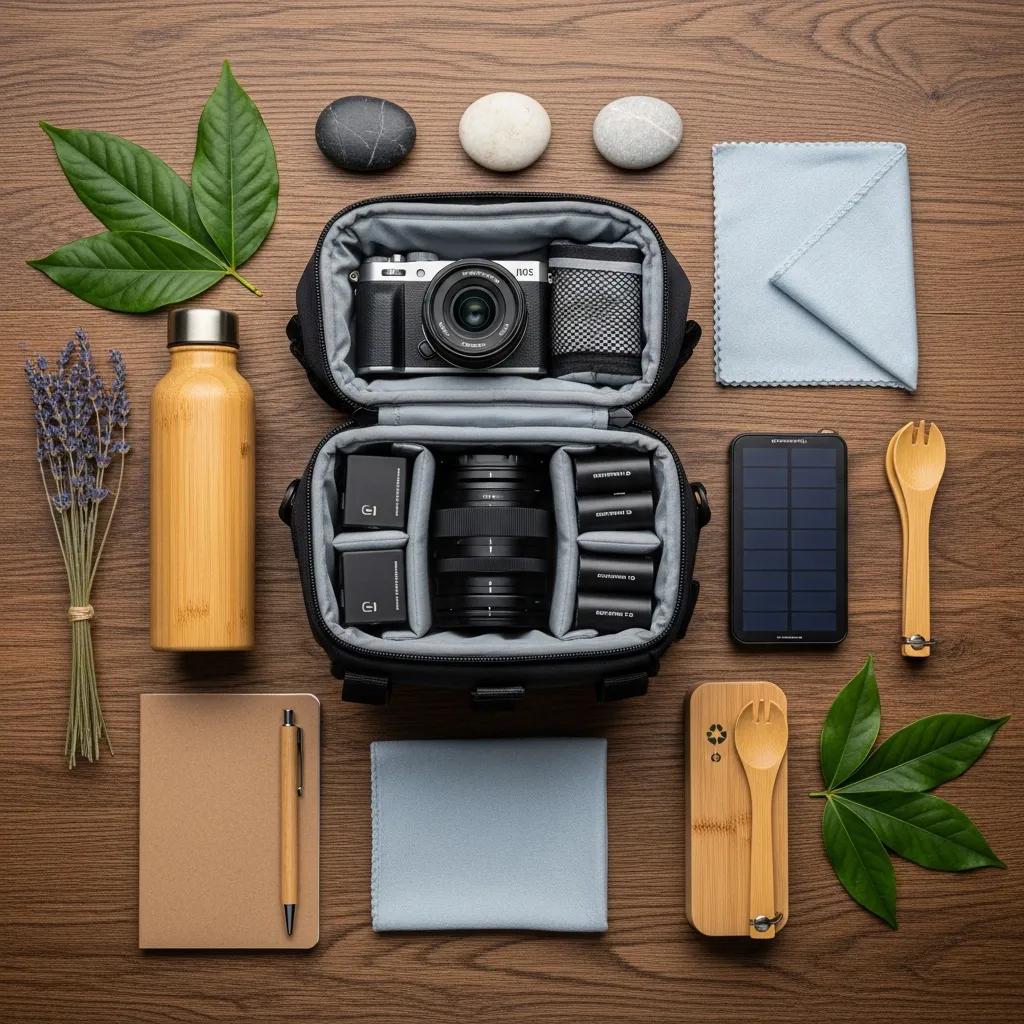 Sustainable travel photography gear arranged in a flat lay, highlighting eco-friendly accessories and practices