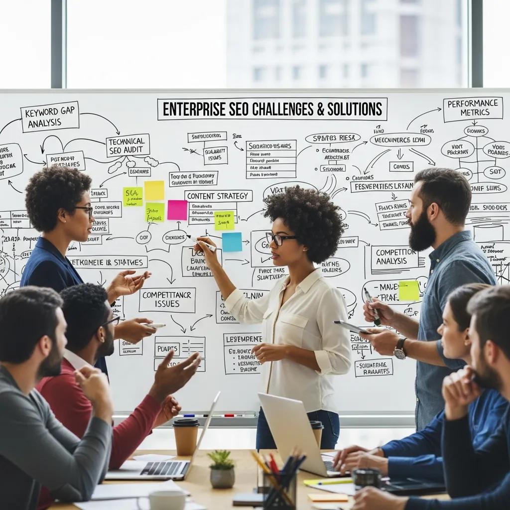Team brainstorming solutions to SEO challenges on a whiteboard