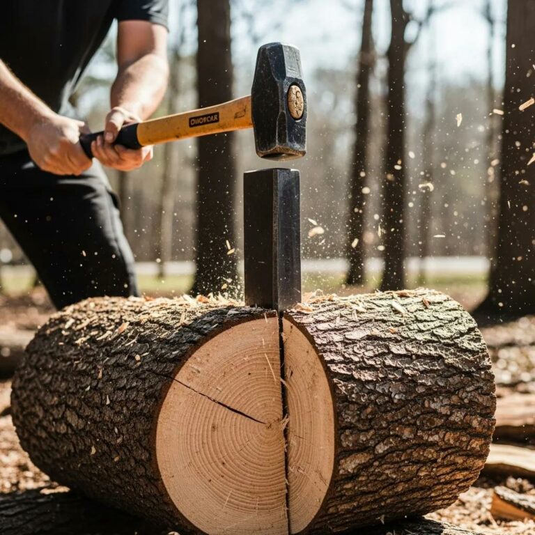 Wood splitting wedge being driven into a log with a sledgehammer in a forest setting