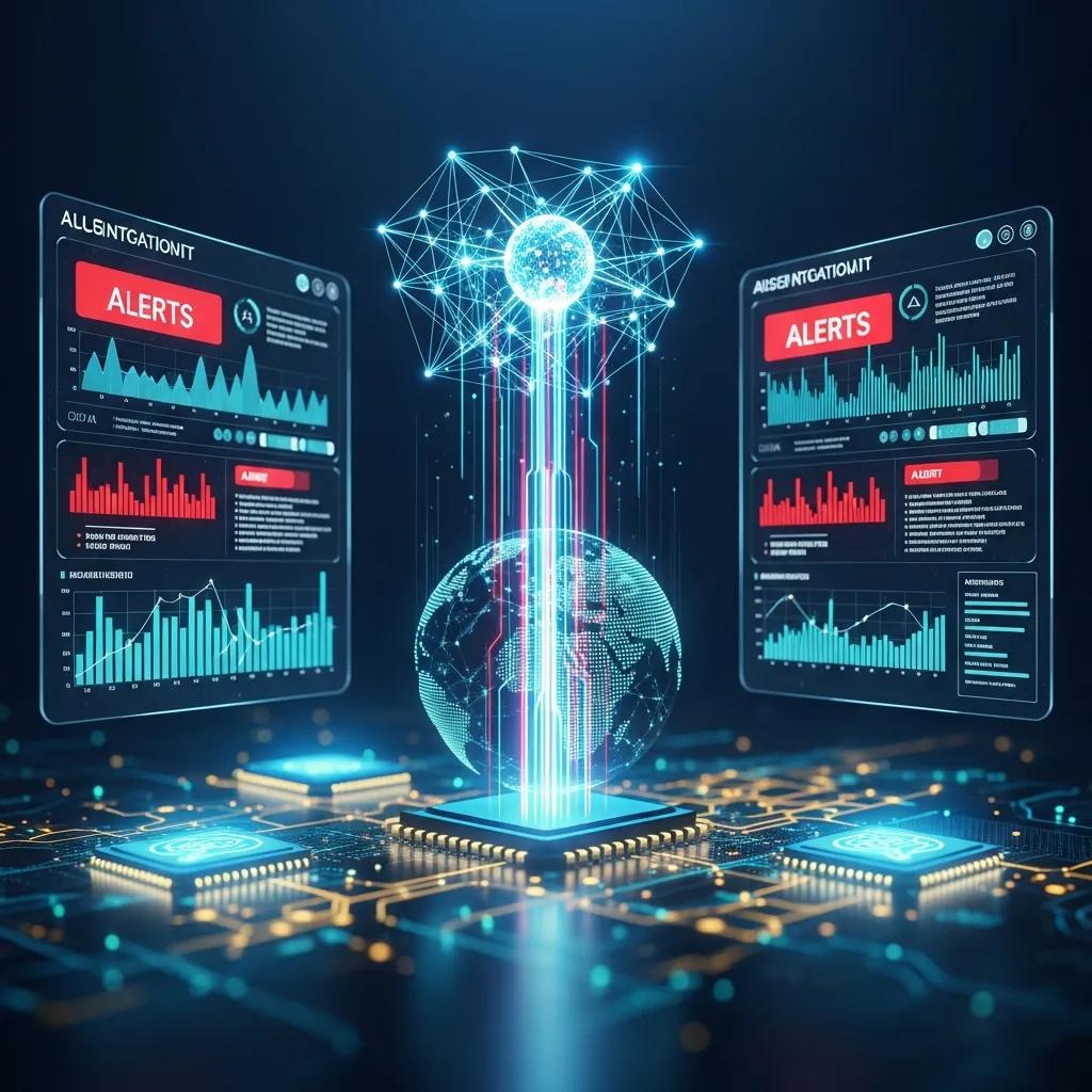 Futuristic depiction of AI technology enhancing observability with data analytics and anomaly detection visuals