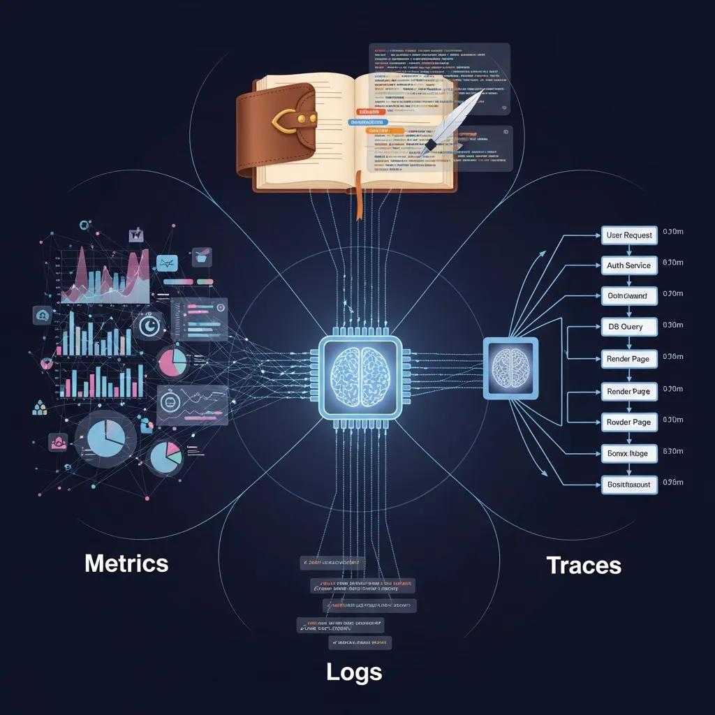 Illustration of the three pillars of observability: metrics, logs, and traces with symbolic representations